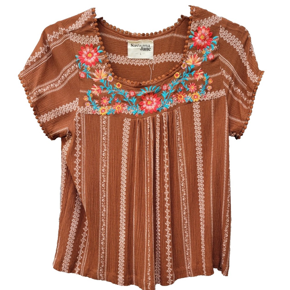 Savanna Jane Women's L Embroidered Floral Peasant Blouse Short Sleeve Scoop